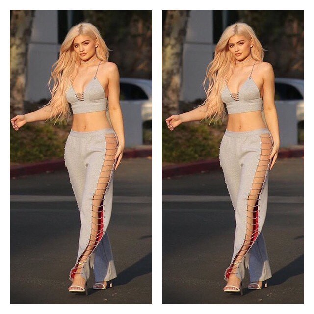Kylie arriesga en sus looks de street style con conjuntos de crop tops...