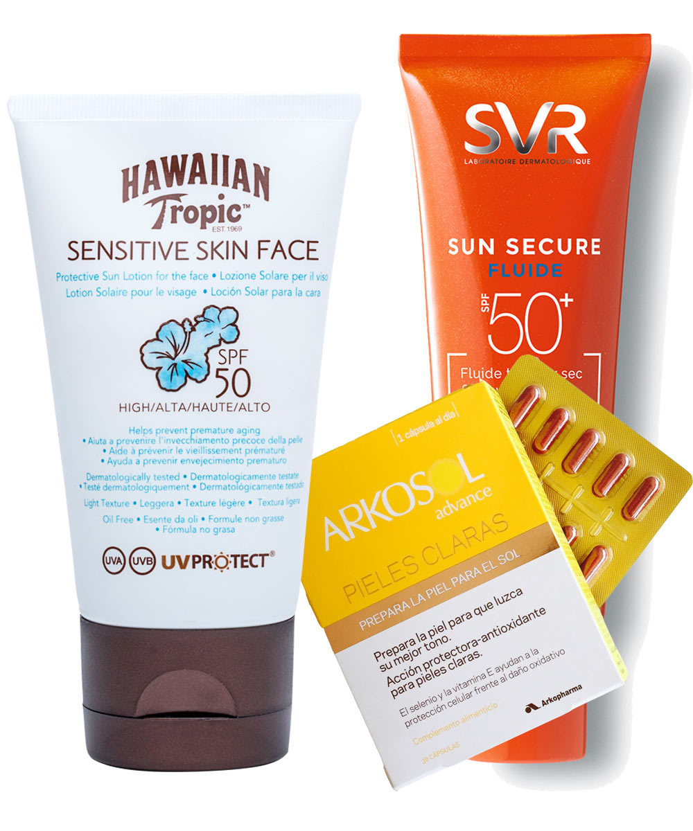 Loción solar facial Sensitive Skin SPF 50, de Hawaiian Tropic...