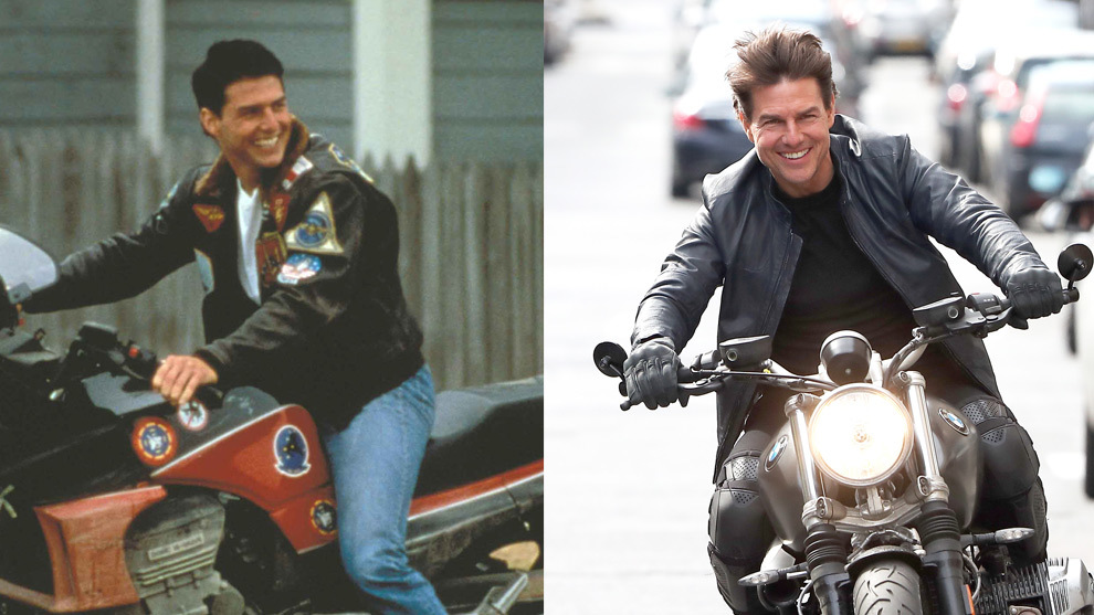 A la izquierda, Tom Cruise en una imagen de Top Gun 1 en 1980 y a la...