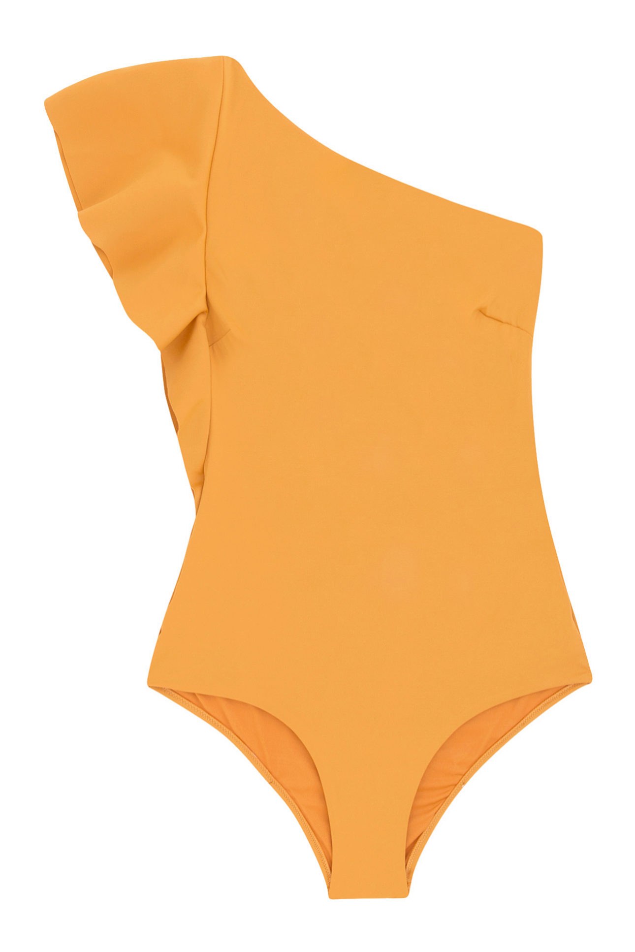 Traje de baño asimétrico con volante en color naranja de Oysho (28,79¤)