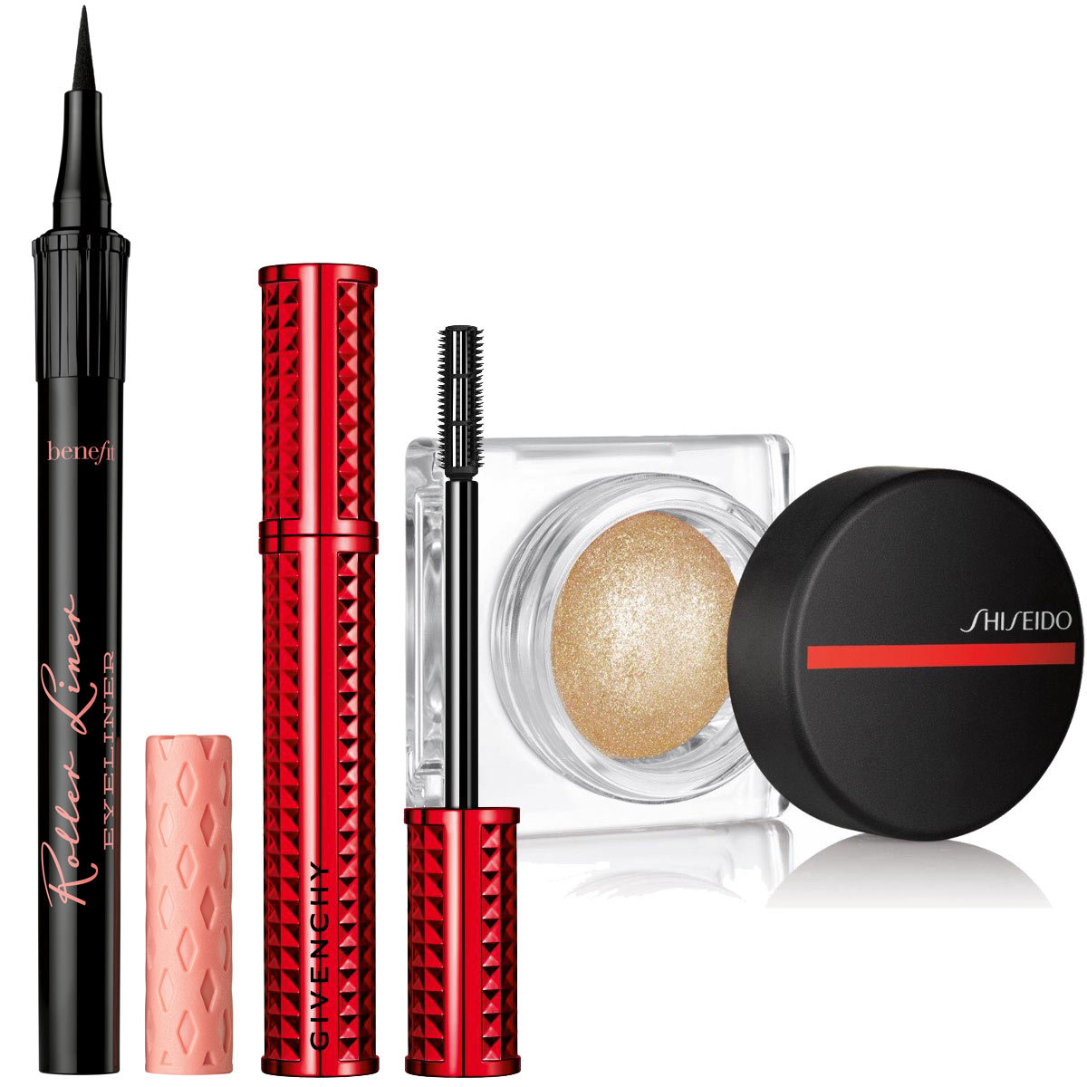Roller Liner Eyeliner, Benefit (24,55 euros); Máscara de pestañas Volume Disturbia, Givenchy (28,50 euros); Iluminador Aura Dew, Shiseido (C.P.V.).