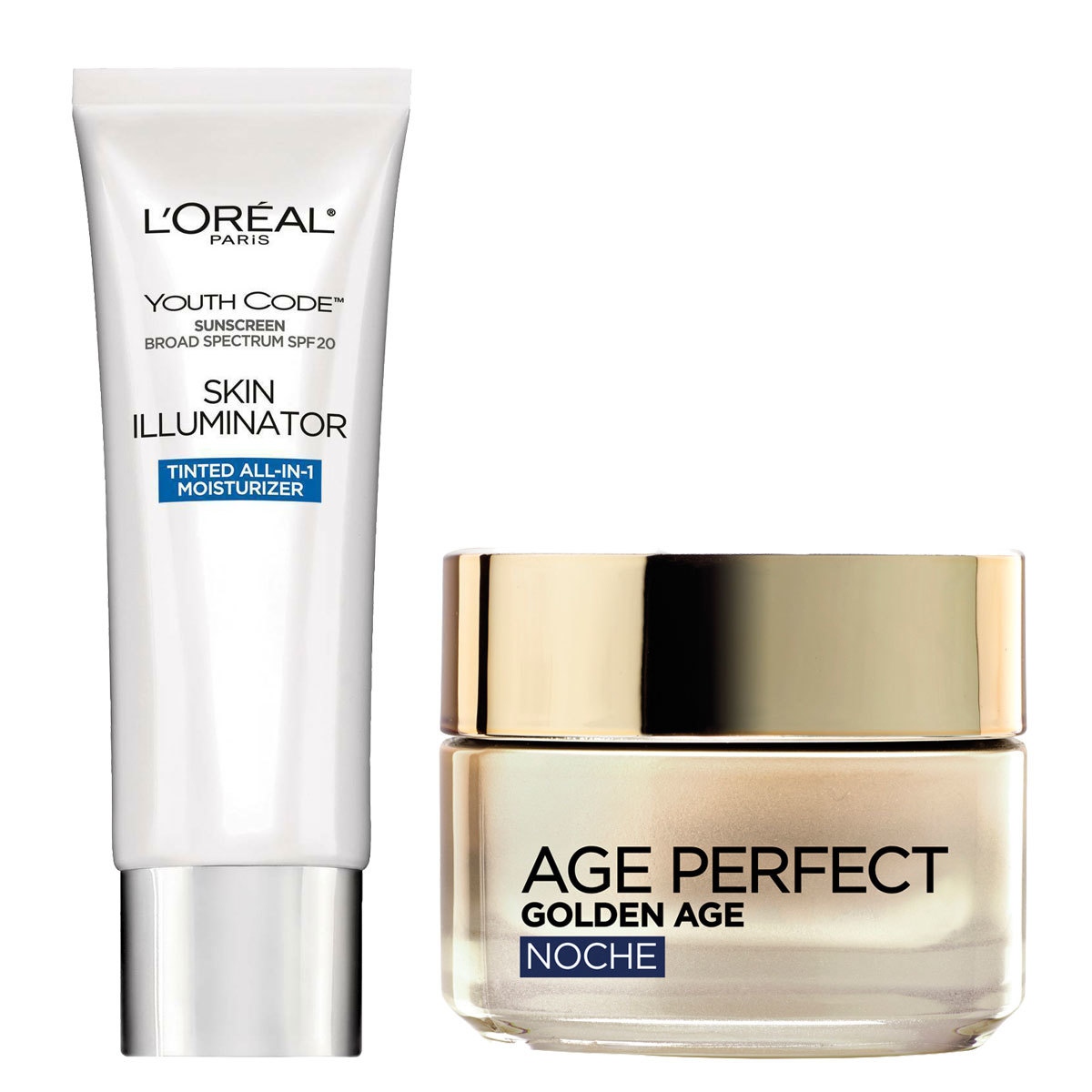 Dos de los básicos de Susan Sarandon: Youth Code Skin Illuminator Tinted All-In-1 Moisturizer y crema de noche Age Perfect, ambos de L'Oréal Paris.