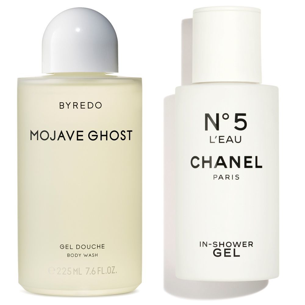 Gel de ducha Mojave Ghost de Byredo y Nº5 Shower L'Eau in Shower Gel, Chanel.