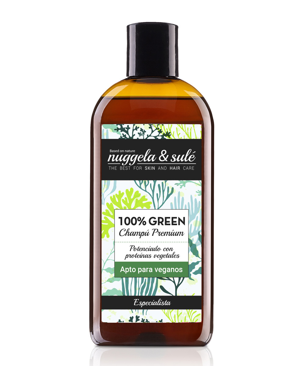 Champú 100% Green de Nuggela and Sulé (24,90 euros), formulado con activos vegetales para dar fuerza al cabello y frenar su caída.