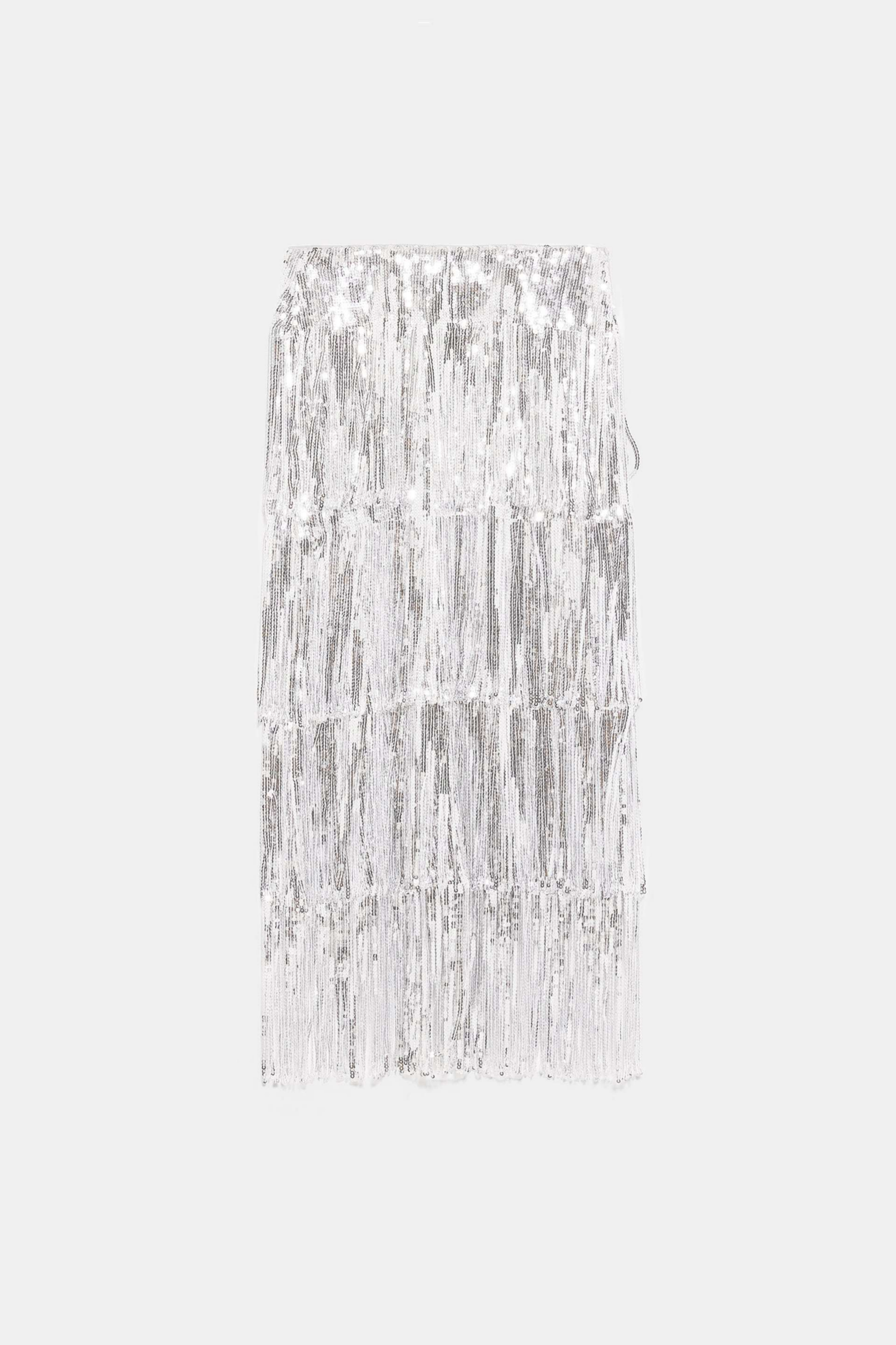 Falda de lentejuelas y flecos de Zara (49,95¤)