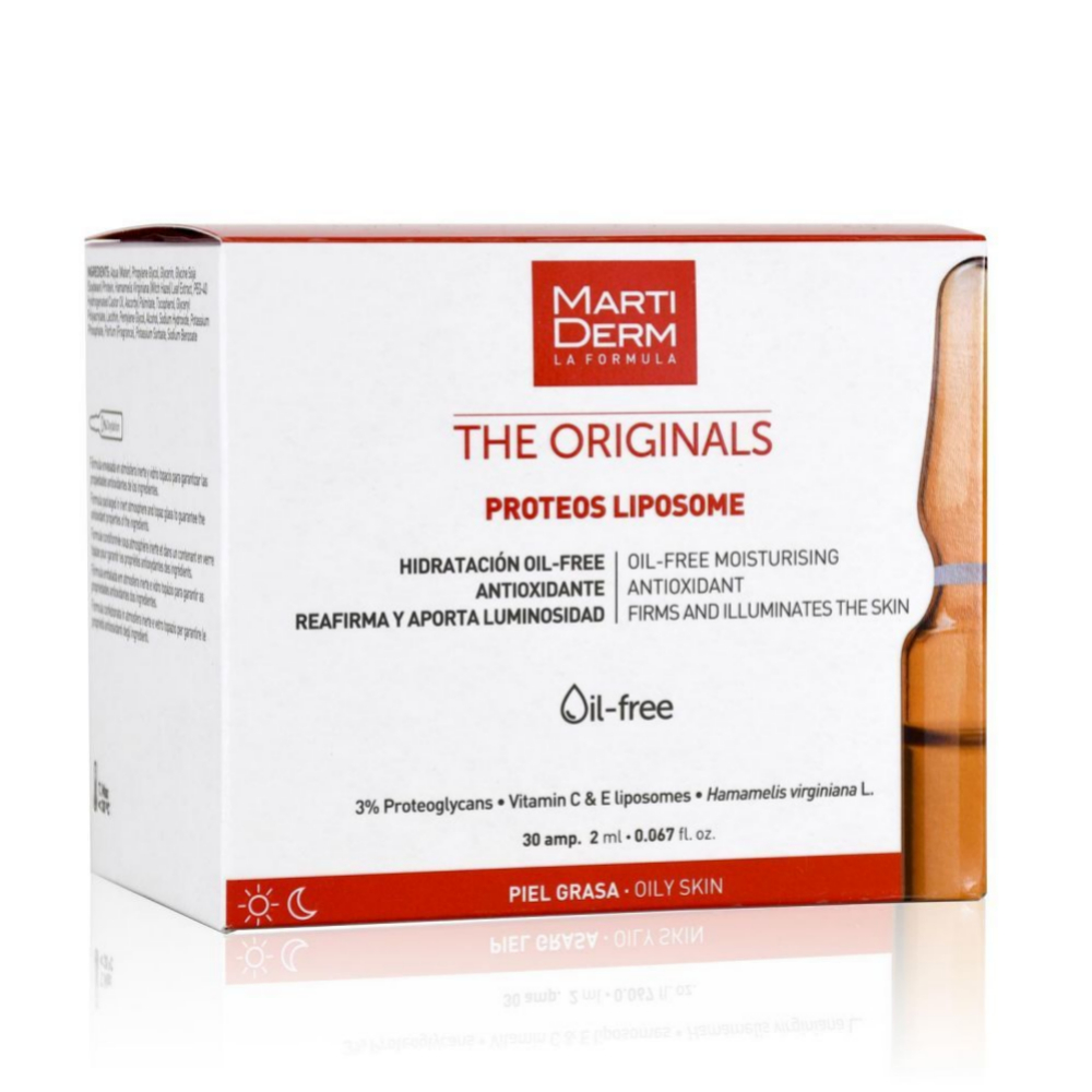 Proteos Liposome, Martiderm. Oil-free con proteoglicanos y Vitamina C. 15 euros 10 ampollas.
