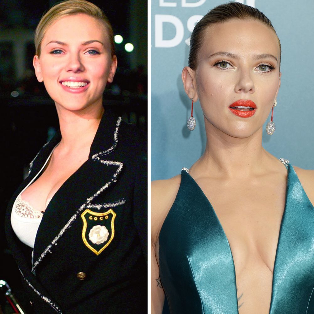 A la izquierda, Scarlett Johansson en 2004 sin su reducción de pecho y a la derecha, en una foto reciente de la actriz en los Premios del Sindicato de Actores.