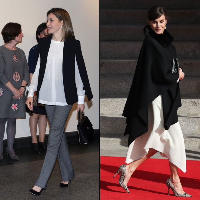 La reina Letizia con la capa de Zara que se hizo viral entre las royals en 2017. En la segunda imagen, con la capa de Carolina Herrera en enero de 2020 en la apertura de las Cortes.