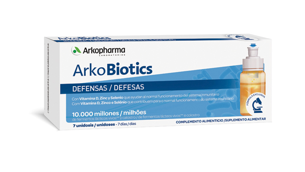 Arkobiotics de Arkopharma (10,90 euros, 7 dosis), comprimidos para aumentar las defensas frente a las infecciones produciendo ácidos orgánicos que impiden el crecimiento de bacterias y sustancias antimicrobianas estimulando la actividad de los macrófagos que estimulan la inmunidad.