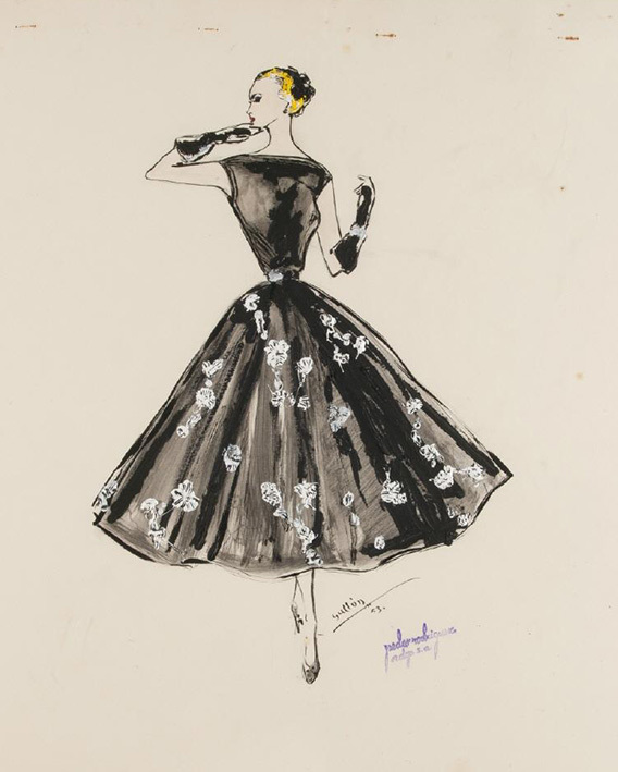 Figurín con vestido de cóctel negro colección primavera-verano 1953. Pedro Rodríguez. © Museo del Traje