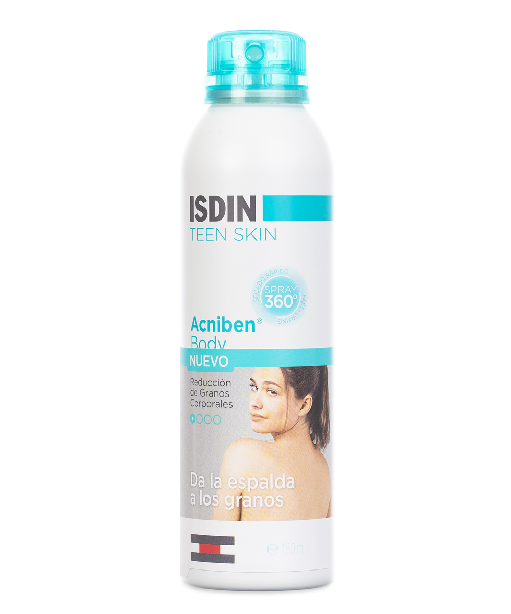 Acniben Body de Isdin (18,25 euros), spray de secado rápido con ácido salicílico y ácido glicólico, ideal para combatir los granitos de la espalda, pecho y tórax.