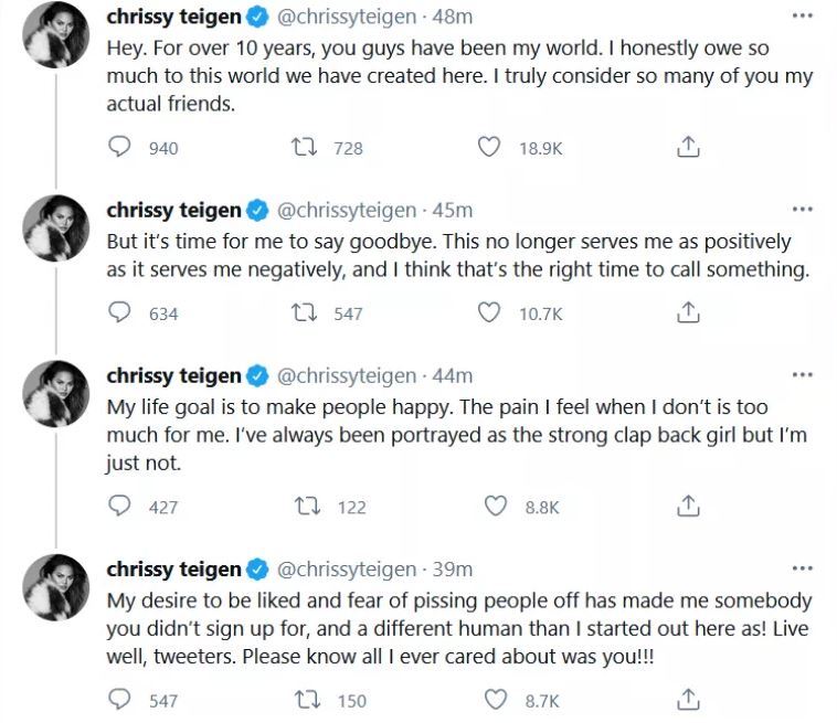 Chrissy Teigen se despidió de sus seguidores antes de cerrar su cuenta de Twitter.