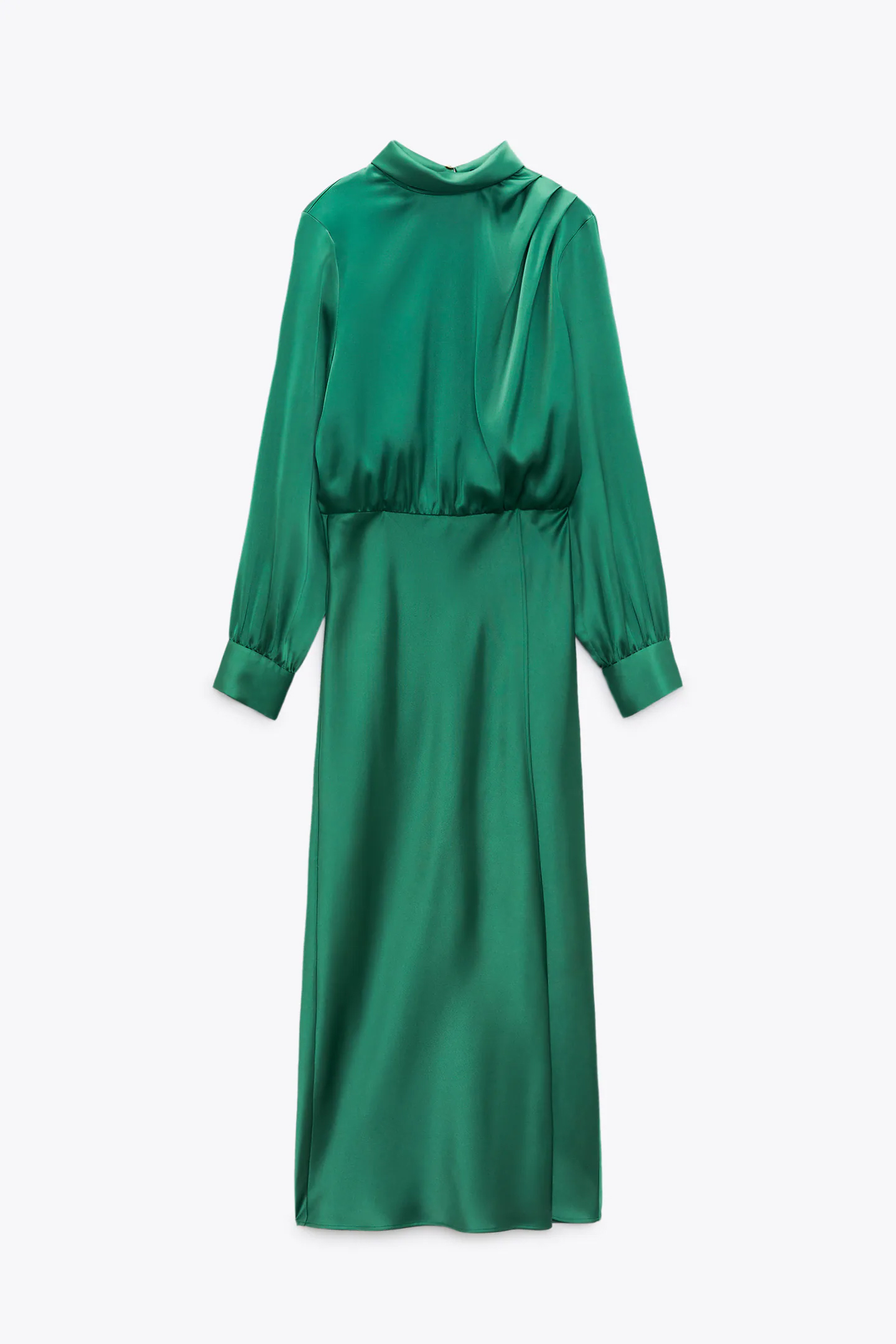 Vestido satinado midi de cuello subido, manga larga y botón joya. Zara (39,95 euros).