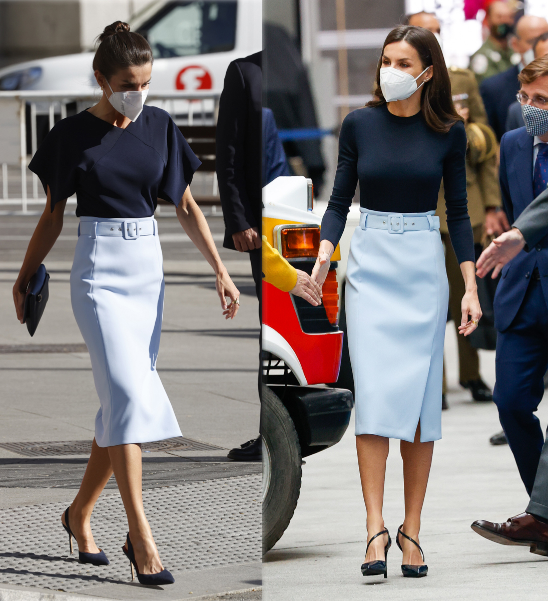 Dos formas muy diferentes de llevar la falda lápiz, según la reina Letizia.