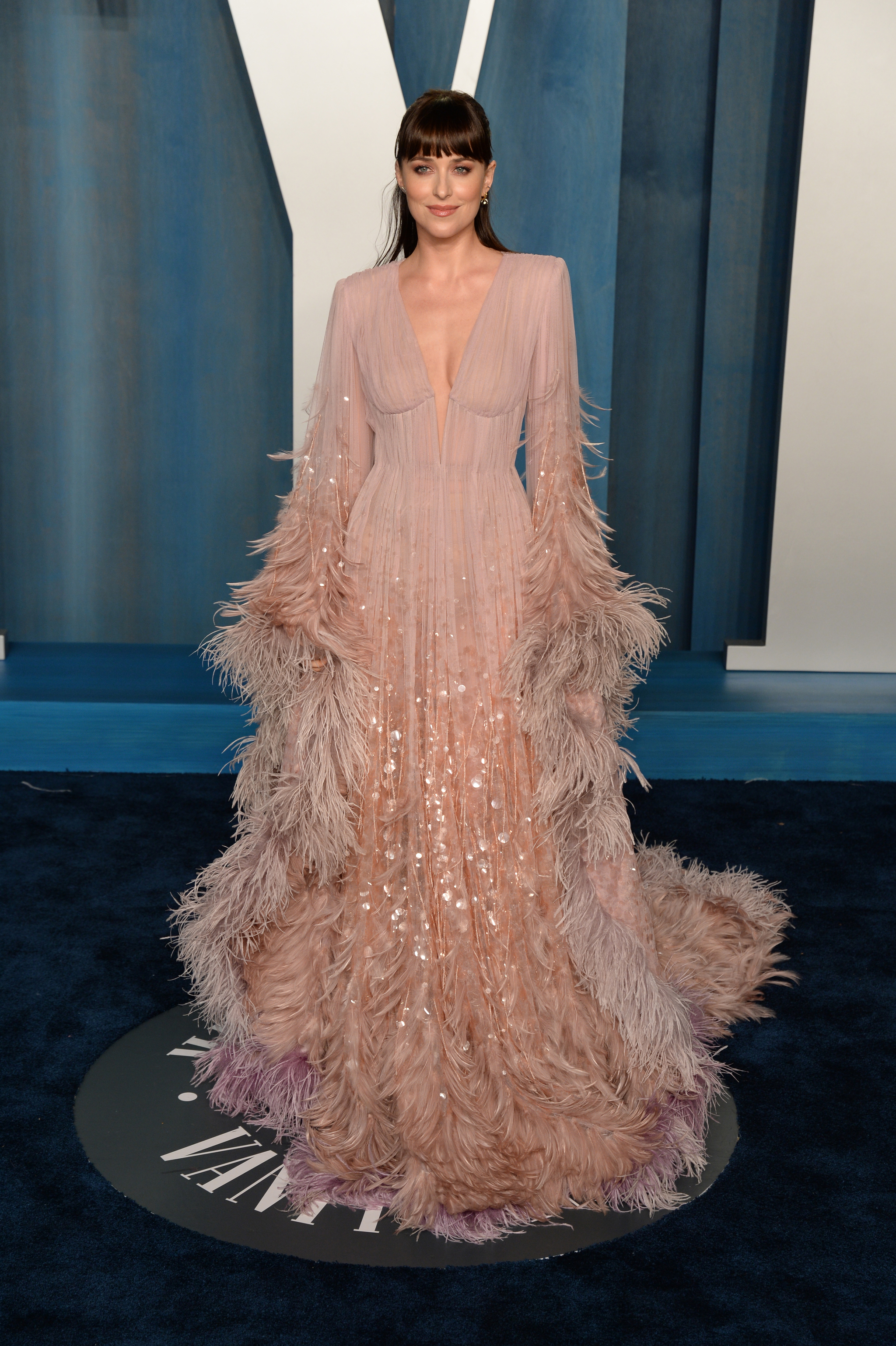 Dakota Johnson lleva un vestido de la casa Gucci.