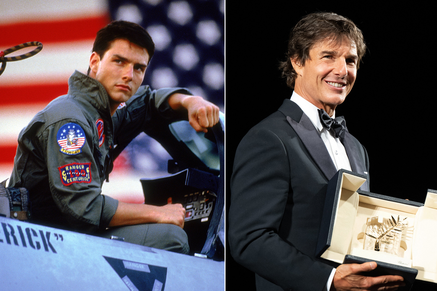 On the left, an image of Tom Cruise in Top Gun in 1986 and on the right, Tom Cruise collecting the Palme d'Or at the 2022 Cannes Film Festival.