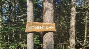 Indicación de inicio al recorrido Moments en el bosque de Canolich,...