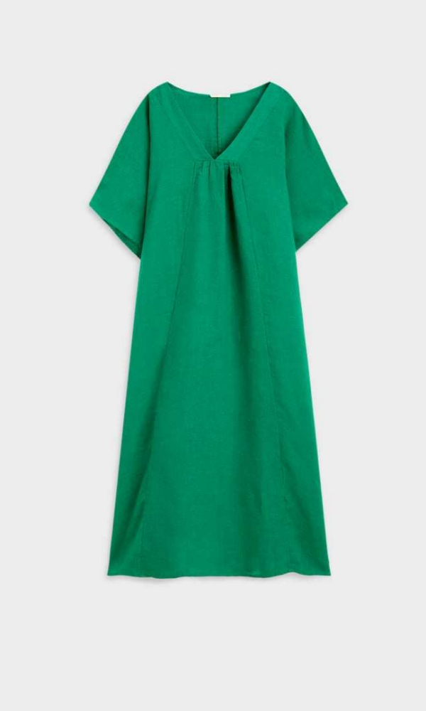Vestido túnica lino verde (45,99 euros).