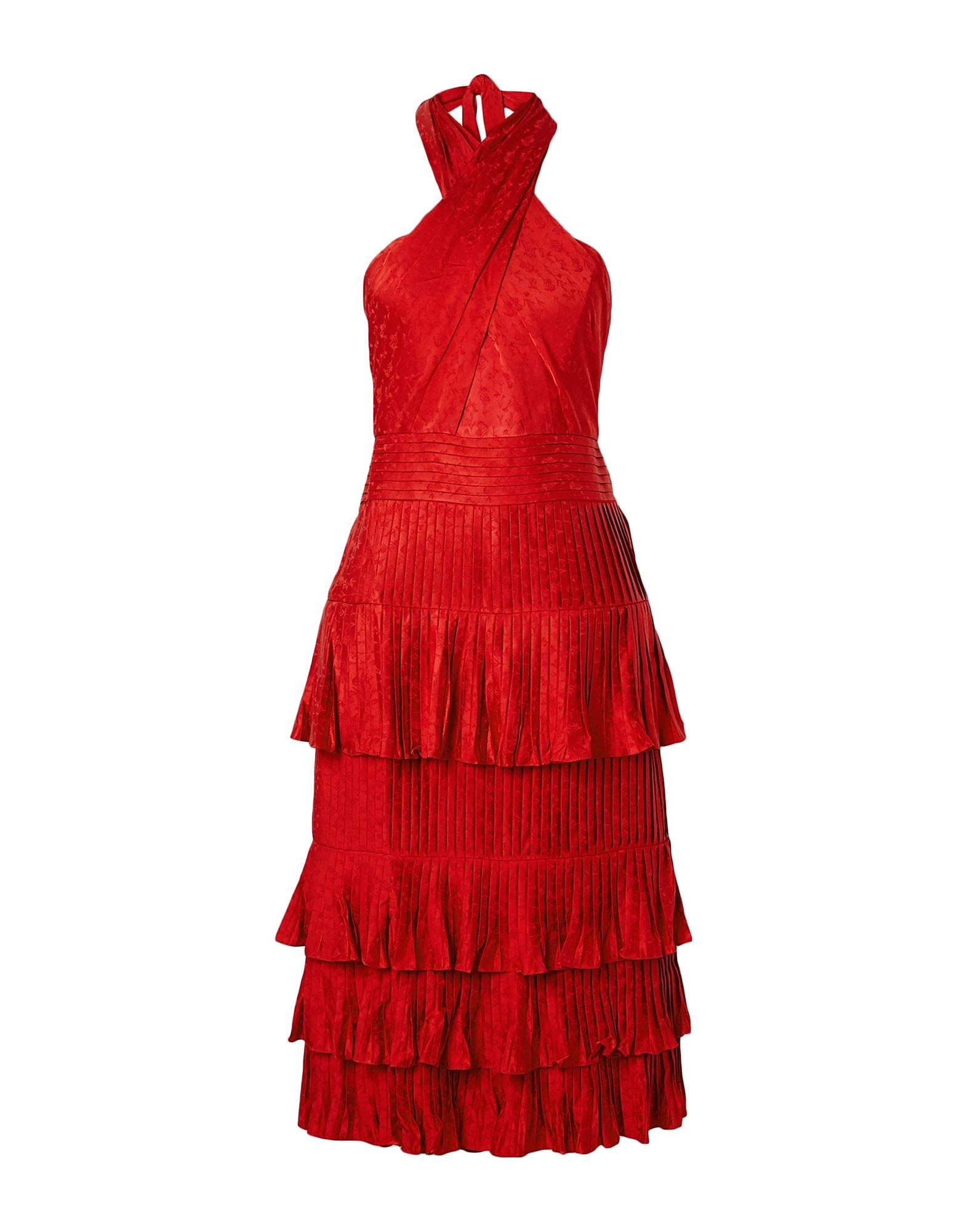 Vestido rojo con cuello halter de Johanna Ortiz.