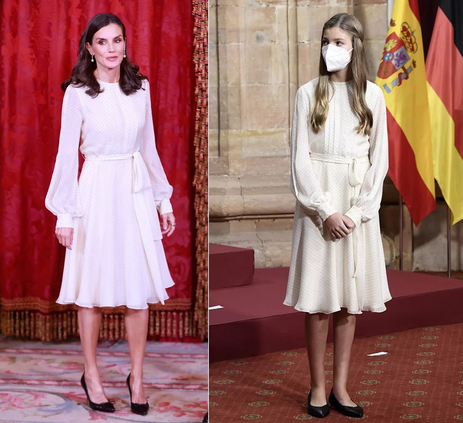 La reina Letizia (2022) y la infanta Sofía (2021) con el mismo vestido de Carolina Herrera.