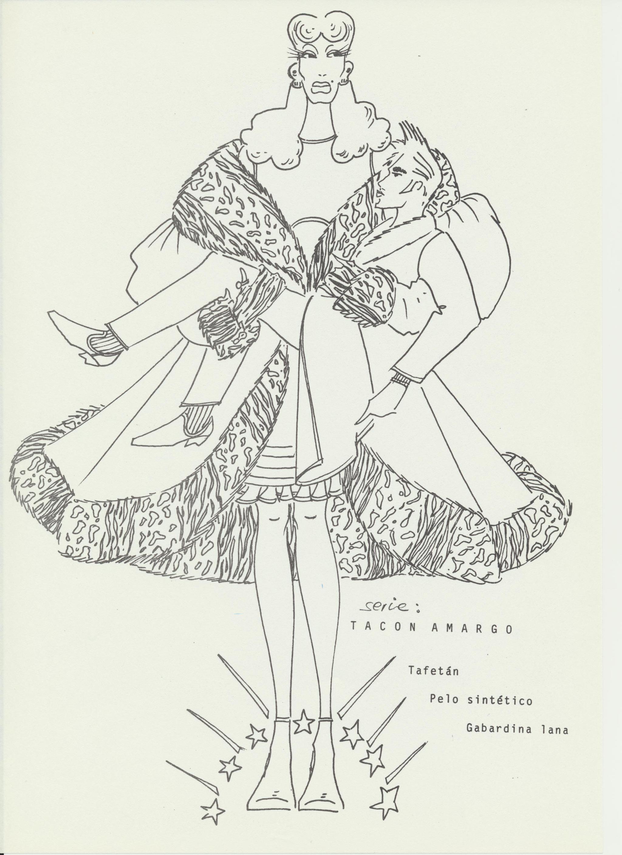 Ilustración por Bobby Bethancourt de un abrigo de Alaska diseñado por Alvarado en 1987.