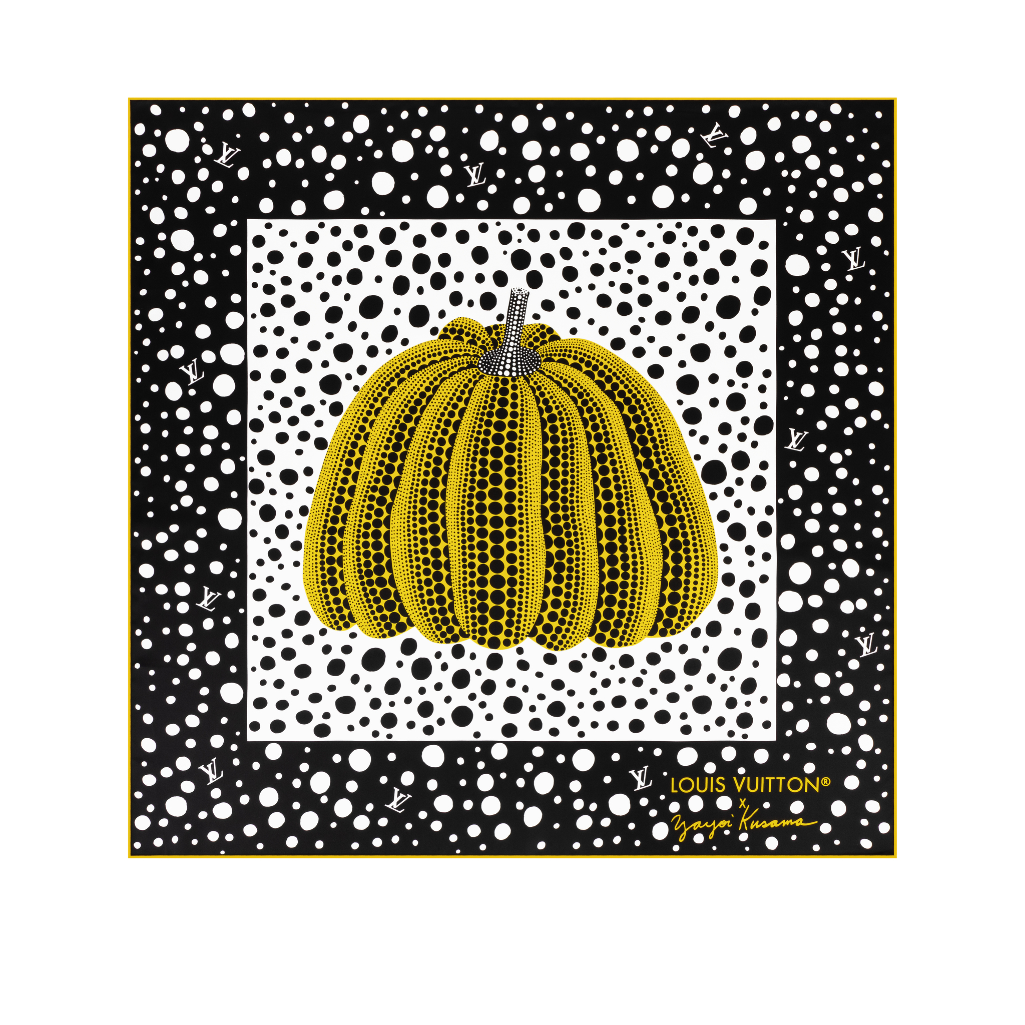 Pañuelo de seda "Infinity Dots" con su reconocible calabaza, de la colección Louis Vuitton x Yayoi Kusama.