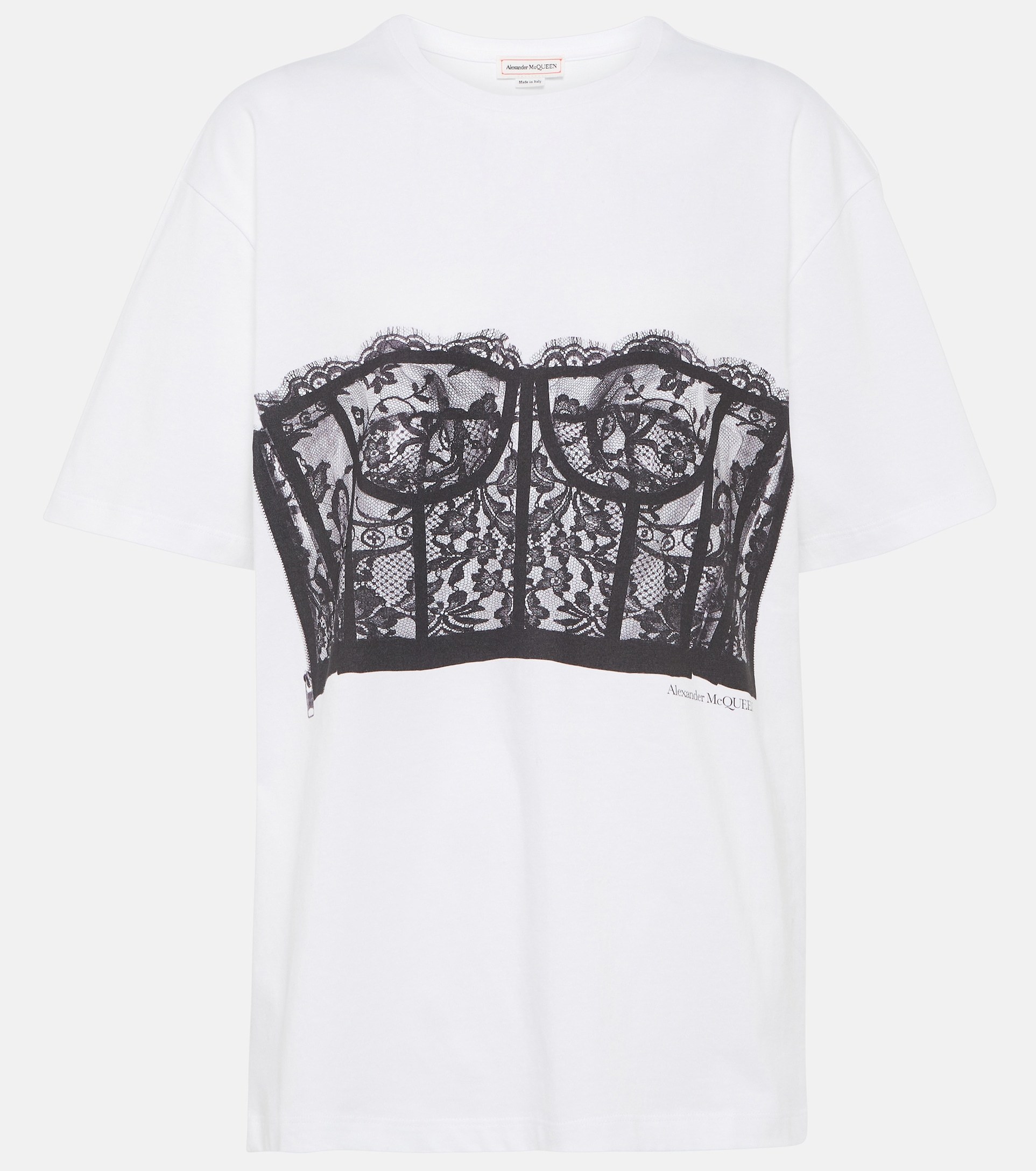Camiseta blanca con impresión de corsé de encaje, de Alexander McQueen (350 euros).