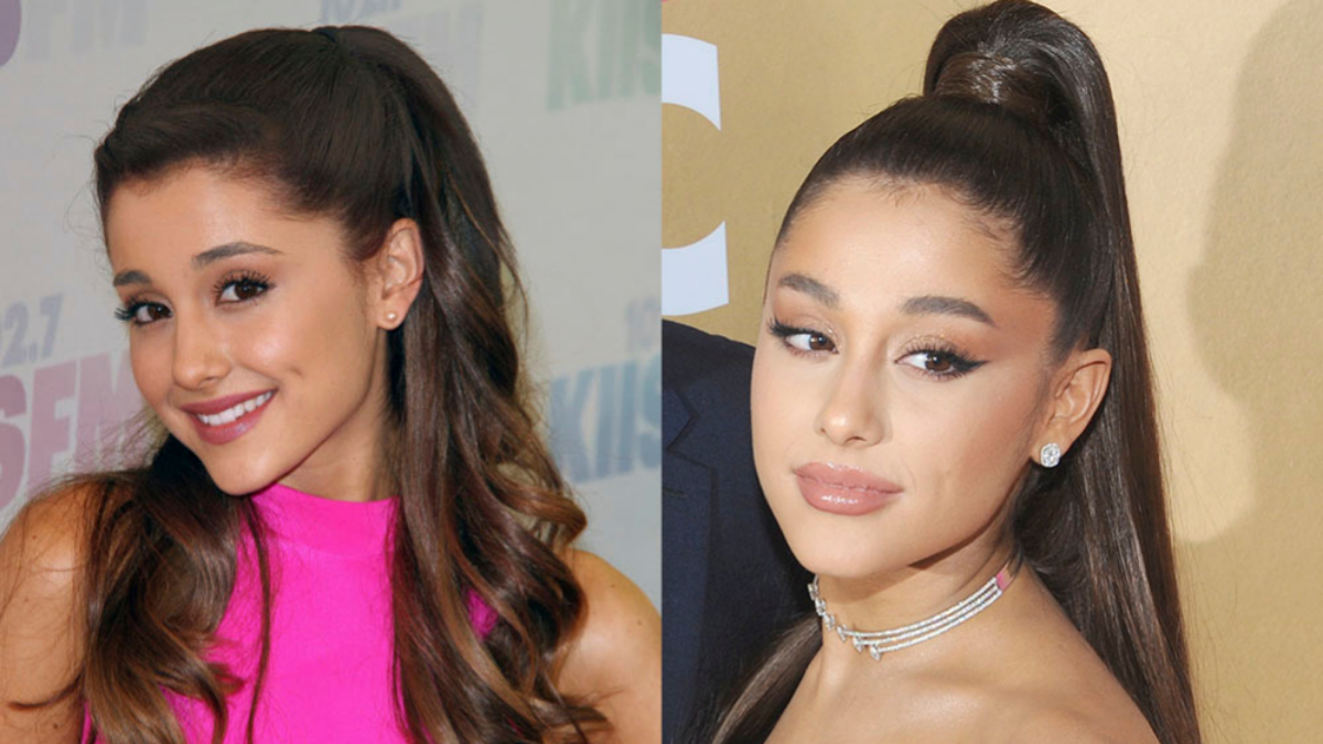 Ariana Grande antes y después de probar la técnica foxy eyes. 