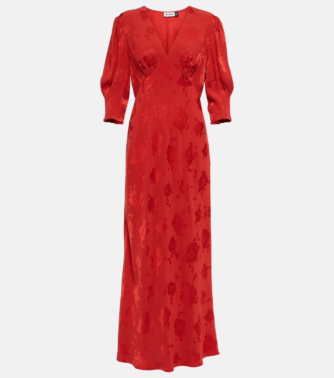 Vestido rojo de jacquard de flores de Rixo (335 euros).