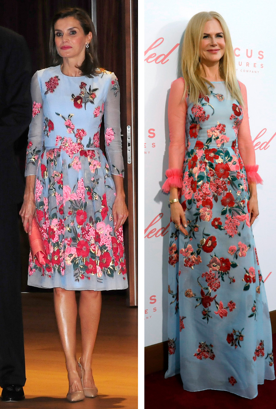 El vestido de flores, corto y largo, de Carolina Herrera que han llevado Letizia Ortiz y Nicole Kidman.
