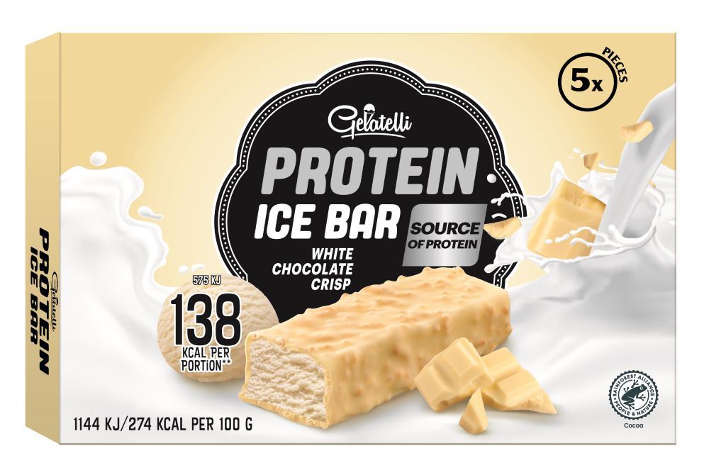 Los helados de Lidl están disponibles en distintos formatos, como esta barrita helada de proteínas de sabor chocolate blanco. Gelatelli Protein Ice Bar: 2,49 euros.