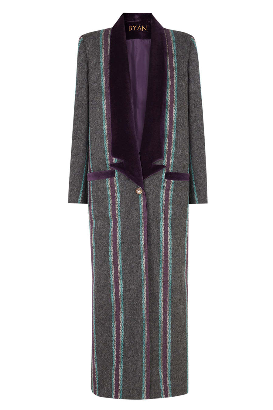Abrigo de lana de rayas con solapas invertidas, modelo Oliver de Byan (310 euros).