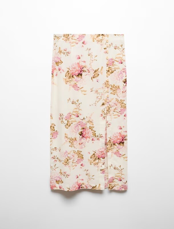 Falda midi con estampado de rosas, de Mango