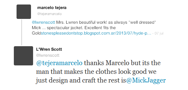Intercambio de tweets entre Marcelo Tejera, fan de los Rolling, y L'Wren Scott via http://stonespleasedontstop.blogspot.com.ar/ 