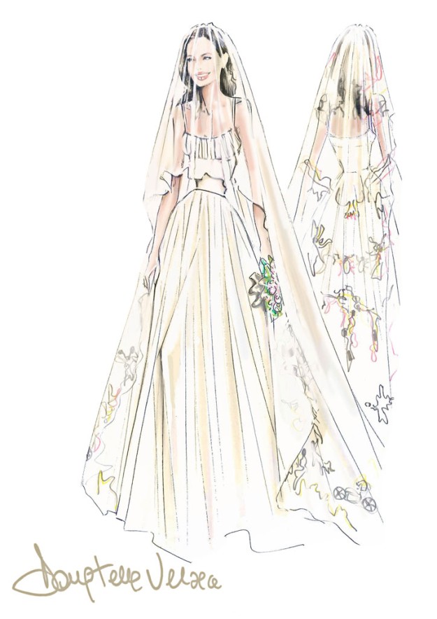Boceto del vestido de novia de Angelina Jolie firmado por Versace Atelier 