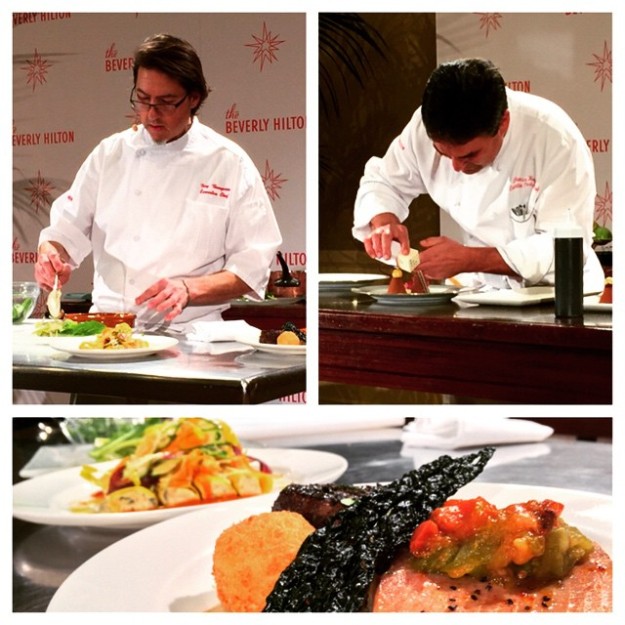 los chefs Troy Thompson y Thomas Henzi preparan el gran menú en el Beverly Hilton.