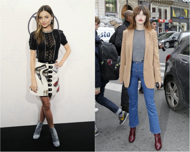 Miranda Kerr con botines 'denim' de Louis Vuitton y Jeanne Damas con pantalón recto en la Paris Fashion Week.