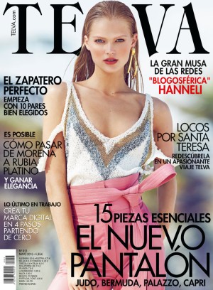 En portada de TELVA mayo 2015, modelo con total look de Loewe. 