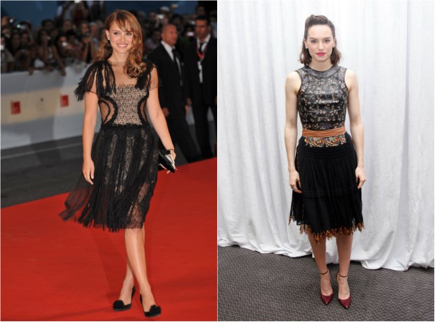 A la izquierda, Natalie Portman en 2008 con un minivestido de Rodarte; a la izquierda, Daisy Ridley con mismas intenciones: revisar el clásico little black dress.