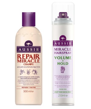 Champú Miracle Repair y Laca Volumen + Hold de Aussie para recrear los falsos cortos en tu pelo