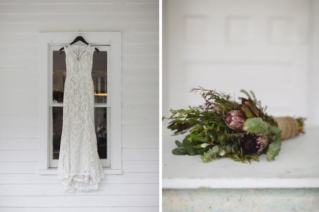 vestido de novia y ramo de flores