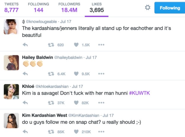 El tweet dónde Kim anunciaba el vídeo que colgaría en Snapchat y al que Kendall Jenner dio like.