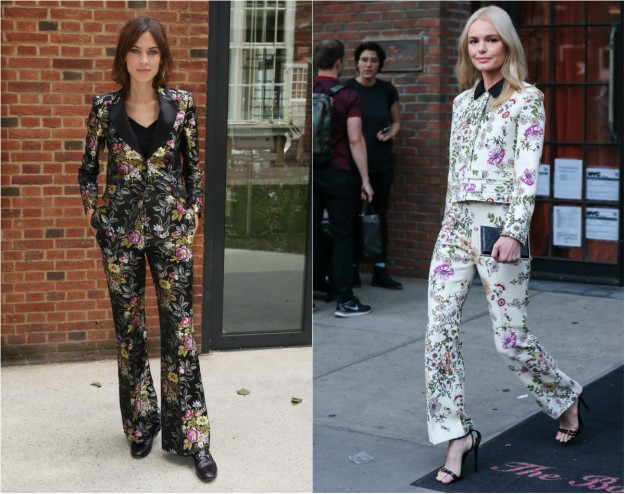 Izquierda, Alexa Chung con un sastre tapiz de Gucci; derecha, Kate Bosworth con uno de Giambattista Valli.