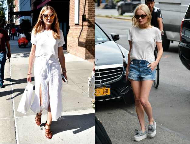 Dos imágenes recientes de Olivia Palermo y Kate Bosworth con camisetas blancas básicas sin sujetador.